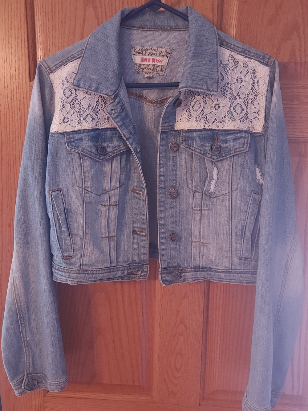 Hot Kiss Light Blue Denim Jacket with White Lace Yoke
